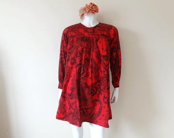 SALE Vintage red mini dress | paisley print long sleeve boho dress