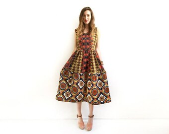 African Print Dress, Orange Dress, Print Dress, Unique African Midi Dress, Party Dress, Brown Dress, Wedding Guest Dress, XS S M M+