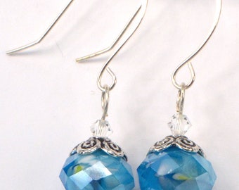 Aqua Blue Crystal Earrings, Turquoise Blue Dangles, Blue Crystal Drop Earrings, Rustic Blue Earring Dangles, Blue Swirled Earrings (E665)