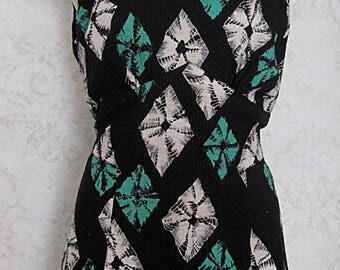 Vintage 1950s Black Cotton Novelty Print Swimsuit Swim Dress Romper Bathing Suit Playsuit 1940s