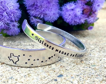Long Distance Relationship Bracelet Jewelry - Across the Miles - Hand Stamped Distance Means So Little When Someone Means So Much - Military