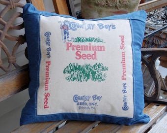 Vintage Seed Sack Pillow Cover - 18 x 18 with Blue Denim
