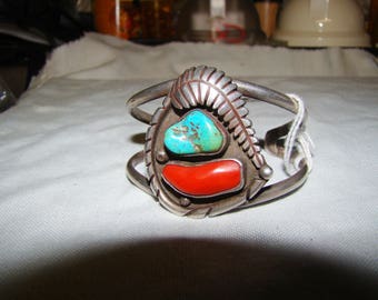 1-I Native American Sterling, Turquoise, and Coral Bracelet