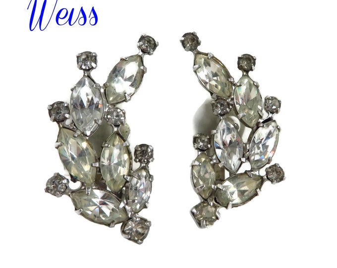Bridal Earrings, Rhinestone Clip-ons, Vintage Signed Weiss Silver Tone Earrings, Vintage Jewelry, Gift idea