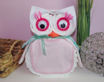 Pink Owl diaper cake, baby girl diaper cake, baby shower gift for baby girl, La Marmaille d'Izazou