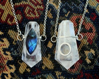 Crystal Pipe Necklace - The Shaman's Universe #1 - Clear Quartz with Labradorite