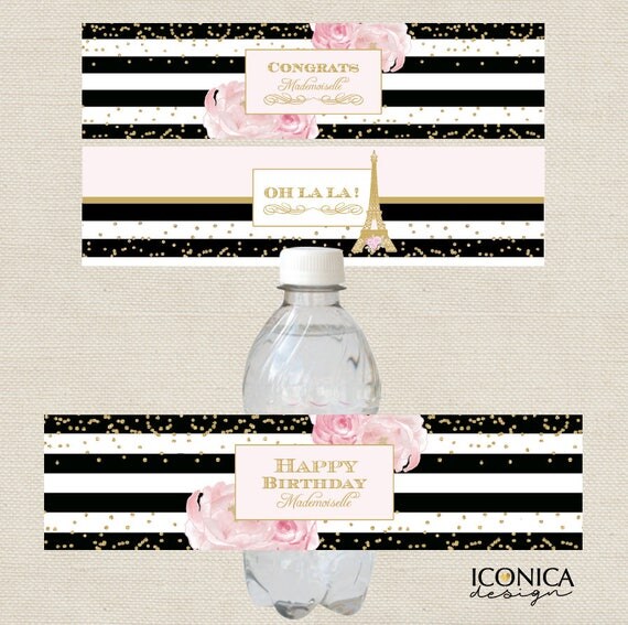 French Birthday Collection, Water Bottle Labels, Black and White Stripes Gold Glitter Bottle Wrappers,Printed or Personalized Printable File Il_570xn