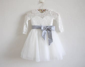 Light Ivory Flower Girl Dress Silver Long Sleeves Lace Tulle Flower Girl Dress With Silver Sash/Bows