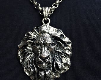 Men's Silver Lion Pendant Necklace \\ Silver Jewelry \\ Silver Chain