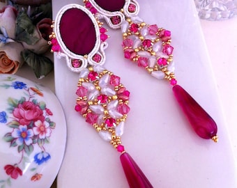 Orecchini rosa, orecchini fucsia, pendenti, swarovski, goccia agata, madreperla, handmade from italy, orecchini eleganti, orecchini lunghi