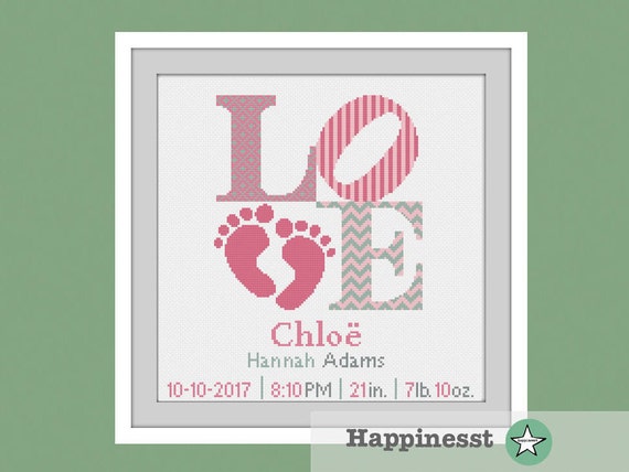 cross stitch baby birth sampler, birth announcement, LOVE, baby feet, baby girl, DIY customizable pattern** instant download**