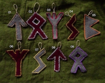 Big Runic Burgundy and Grey Boiled Wool Ornaments / Pagan Futhark Runes for Home Decor & Yule Christmas Tree / Handmade Asatru Embroidered