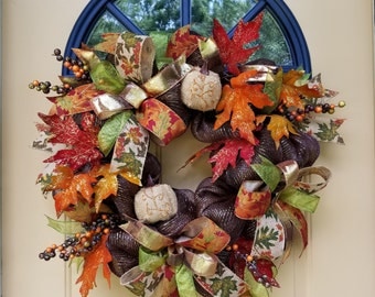 Autumn Deco Mesh Wreath~Elegant Fall Deco Mesh Wreath~Deco Mesh Wreath Burlap Pumpkins~Rustic and Elegant Fall Autumn Deco Mesh Wreath