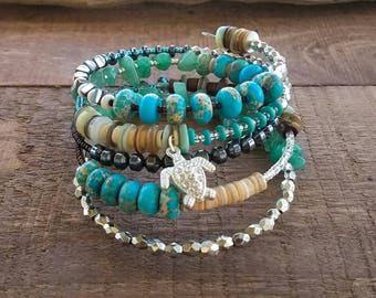 Turquoise Wrap Bracelet, Turquoise Jewelry, Turquoise Bracelet, Sea Turtle Jewelry, Sea Turtle Bracelet, Beach Jewelry, Beach Bracelet, Boho