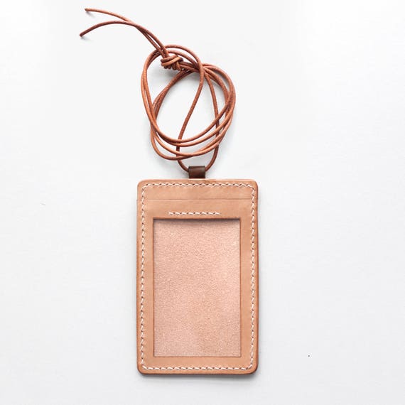 Leather ID card holder with strap Hand stitched genuine