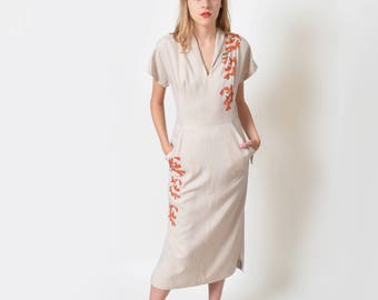 1940s Orange Beaded Linen Dress 40s Vintage Biege Linen Dress 28 S M