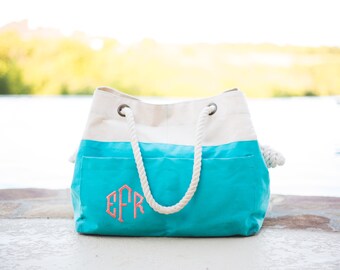 Monogrammed Canvas Beach Tote | Beach Tote Bag | Canvas Tote Bag | Rope Beach Bag | Pool Bag | Monogrammed Gift | Bridesmaid Gift | Beaufort