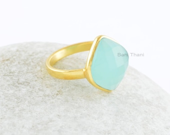 Aqua Chalcedony Ring-Aqua Chlcedony Faceted 11x14mm Marquise Sterling Silver Ring-Micron Gold Plated Gemstone Ring-Bezel Statement Ring