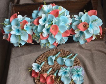 Coral Blue Wedding Bouquets Package Real Touch Flowers Calla Lilies Plumerias Bridesmaids Bouquets Boutonnieres