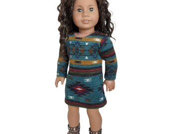 Fits Like American Girl Doll Clothes . Teal, Rust, and Mustard Tribal-Print Dress.