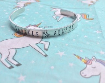 Unicorn Bracelet, Unicorn Cuff Bracelet, Unicorn Jewelry, Hand Stamped Jewelry, Sparkle Always Bracelet, Simple Jewelry, Stackable Bracelet