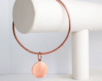 Copper Bangle with Engraved Copper Initial Disk - Bracelet with Personalized Copper Disk, Personalized Copper Bangle, Copper Bracelet