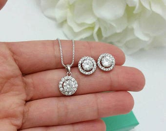 Bridesmaid Jewelry Set, Round Halo Clear CZ Crystal Stud Earrings Necklace Wedding Set Bridal Party Jewelry Bridesmaid accessory In Gift Box