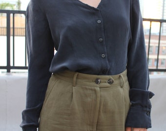 vintage silk shirt black button down blouse minimalism