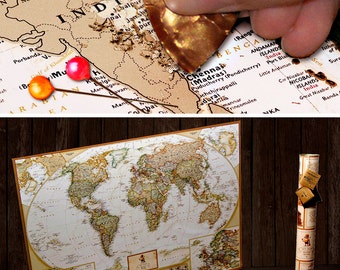 Push Pin World Map - Scratch Off Travel Map Wall Poster with Push Pins 34.6" x 24.8"