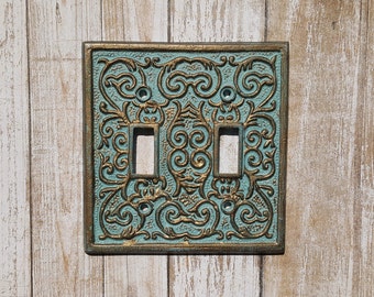 Double Light Switch Cover, Cast Iron Switch Plate, Double Toggle Switch Cover, Blue and Gold Light Switch, Home Decor, Vintage Decor