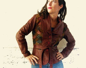 70's Leather Patchwork Scale Belted Jacket Boho Funky