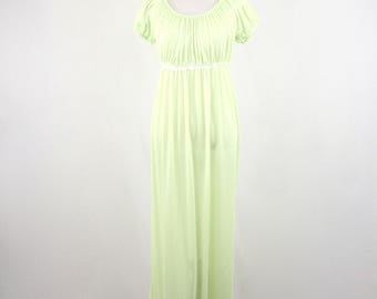1970s Sweet Lime Green Nylon Long Nightgown Small