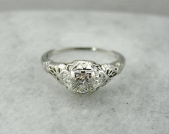 Stunning Art Deco Diamond Engagement Ring in White Gold Filigree Setting, Antique Diamond Engagement Ring, Art Deco Diamond Ring A70Q2Y-D