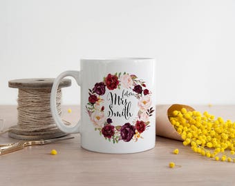Future Mrs Mug, Bride Mug, Personalized Mug, Future Bride Mug, Marsala Mug, Floral Marsala Mug, Custom Bride Mug, Wedding Mug, Floral Mug