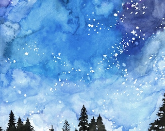 Watercolor Night Sky Painting - Print titled, "Galaxy", Stars, Starry Night, Watercolor Sky, Watercolor Print, Night Sky Print, Silhouette
