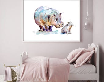 Hippo Watercolor giclee print Mother and baby hippopotamus