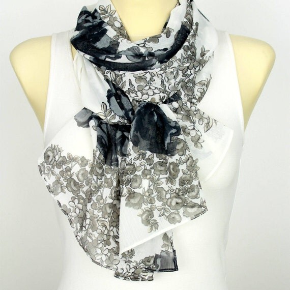 Black and White Floral Scarf Printed Fabric Scarf Boho Scarf Women Fashion Accessories Birthday Gift for Her Autumn Spring Celebrations