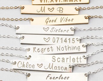 Personalized Bar Necklace On Plain Chain, Custom Name Bar Necklace, Gold Bar Necklace, Monogram, Layered Necklace, Bridesmaid Gift H530