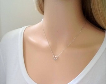 Sterling silver heart necklace; simple silver open heart necklace; tiny silver necklace; romantic sterling silver necklace