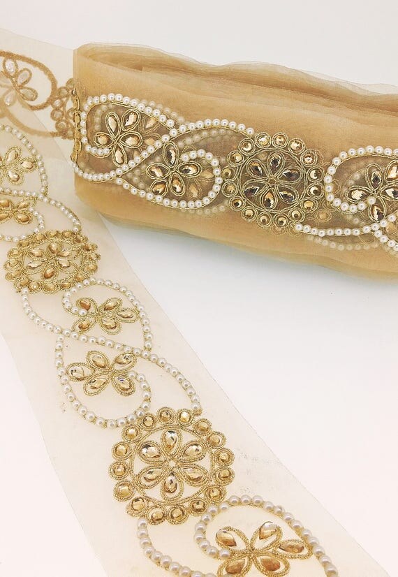 Fancy Diamante Pearls beaded Gold Lace Bridal Trim Ribbon Sewing Craft