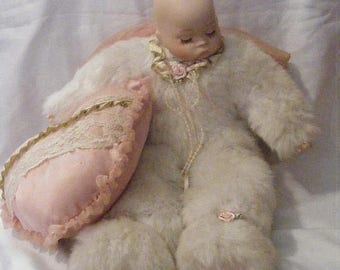 20% Sale Vintage Doll Dressed in White Faux Fur Snow Suit with Heart Pillow