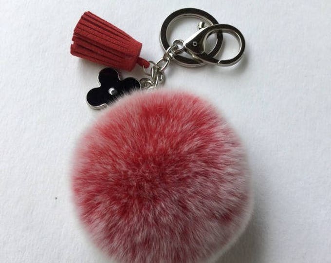 Red Frosted fur pompom keychain REX Rabbit fur pom pom ball with flower charm and leather tassel