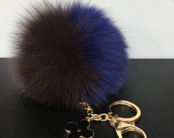 New! Brown Navy FW'16 fox fur Pompon bag charm pendant Fur Pom Pom keychain keyring with flower charm