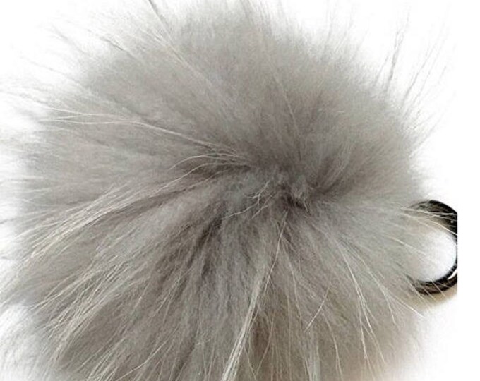 NEW! Cloud Grey Color Raccoon Fur Pom Pom bag charm keychain keyring puff fluffy realfur chain pendant Gun Metal™ Series strap and buckle