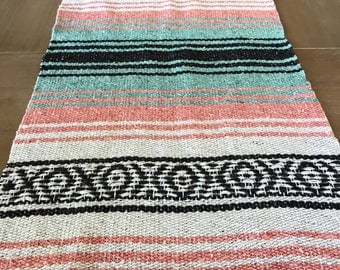 Mexican table runner, teal and peach falsa blanket, boho chic decor, rustic wedding, tribal decorations, pastel beach blanket or yoga mat