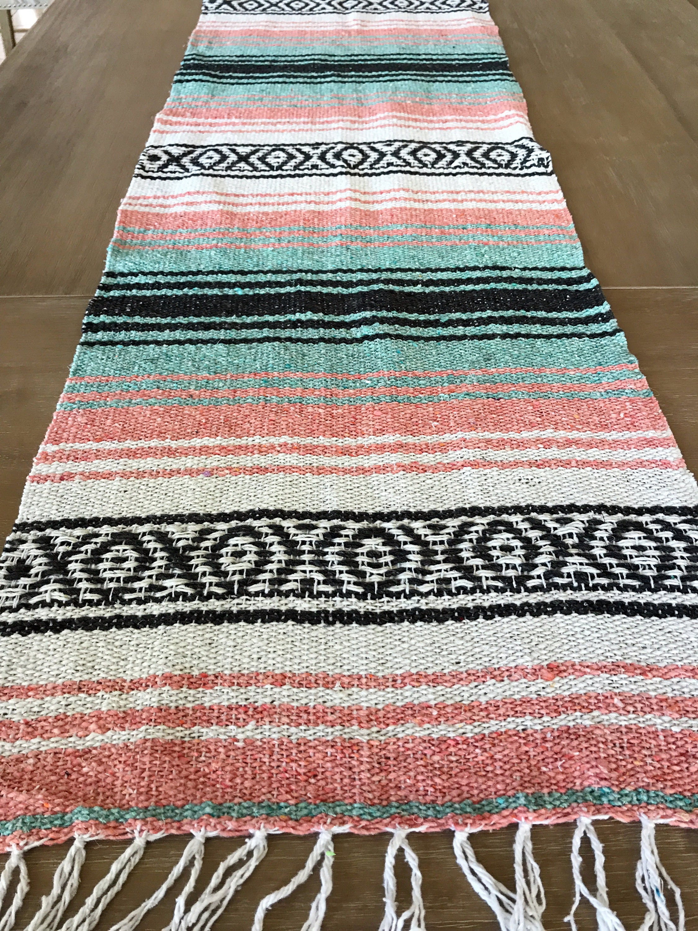 Mexican table runner teal and peach falsa blanket boho chic