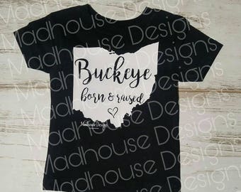 Infant Toddler and Youth Buckeye born and raised Ohio state silhouette. Football. Game day. Spirit wear. Native, roots, hometown, home