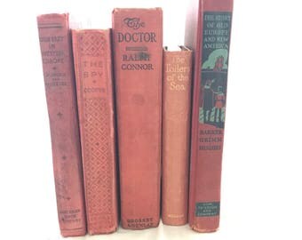 Set of 5 Red & Burgundy Old Books for Decor, Book Gift, Vintage Library, Instant Library, Antique Collection, Vintage Book Themed Wedding