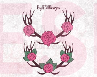 Boho Style, Deer antlers and Rose Designs, SVG, DXF, EPS cut files for use with Silhouette Studio Designer Edition and Cricut Design space.