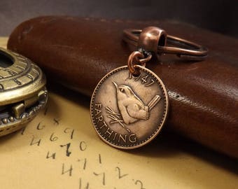 Genuine 1947 British Farthing Old Vintage Wren Coin Keychain 70th Birthday Gift
